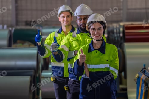 Preview: Diverse Team of Metalworking Professionals Giving Thumbs Up in an Industrial Factory Setting