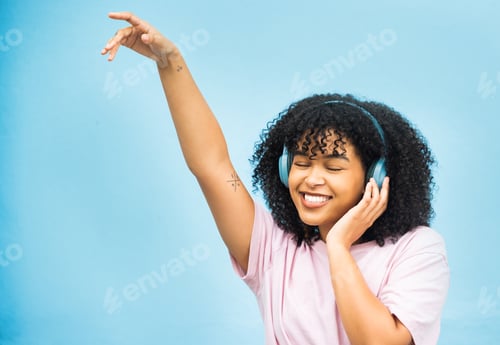 Preview: Dance music, studio mock up and black woman listening to song, audio podcast or radio sound for ene