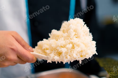 Preview: Close-up of a sushi chef taking rice with a rice spoon while preparing sushi eel and salmon