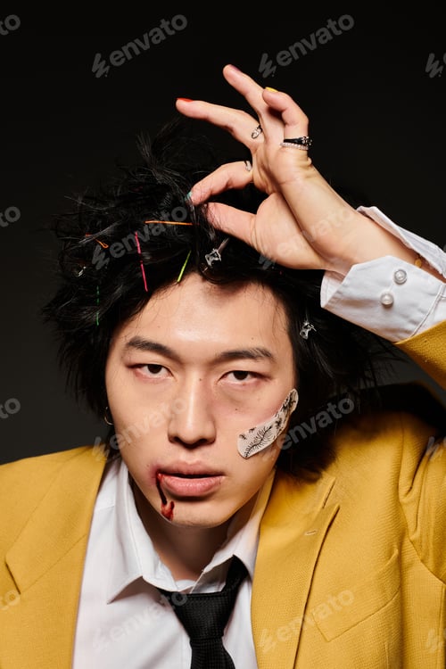 Preview: Stylish Asian man showcases bold spring fashion in a contemporary studio setting