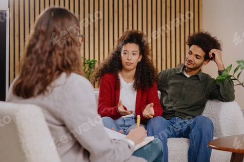 Preview: couple of man and woman at psychologist, taking care of mental health in relationship.