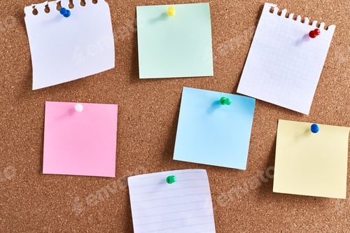 Preview: Sticky notes pinned on a cork board. Planning and brainstorming concept