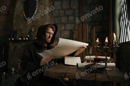 Preview: Medieval monk wearing robe with hood reading sacred manuscript on parchment