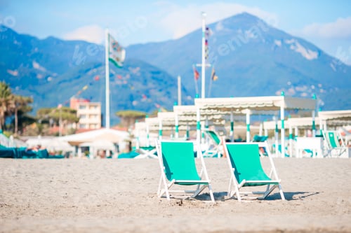 Preview: Deckchairs on european beach in Italy in popula area Forte dei Marmi