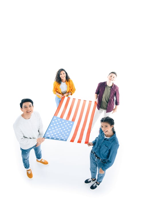 Preview: high angle view of group of teen students with usa flag isolated on white