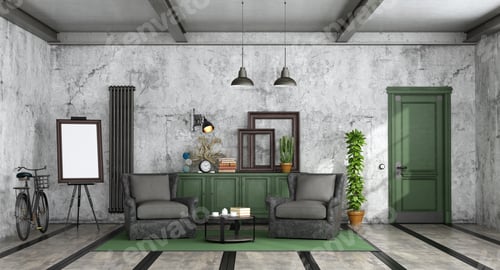 Preview: Vintage Style Interior with Gray Armchairs and Green Cabinet