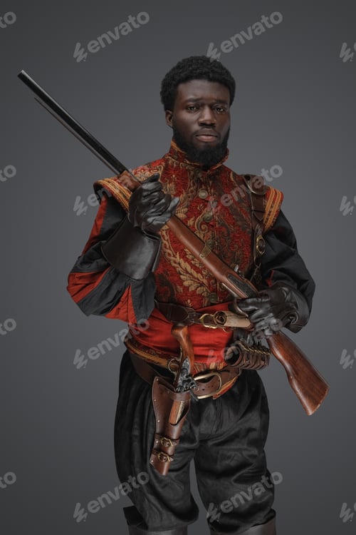 Preview: Black military man from 18th century with flintlock rifle