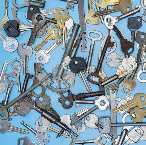 Preview: Keys set on blue background. Door lock keys and safes for property security and house protection
