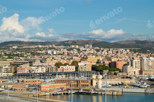 Preview: Panoramic view of Civitavecchia port, coast, port, buildings, October 7, 2018