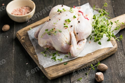 Preview: organic raw whole chicken with thyme peppers and garlic on a rustic table