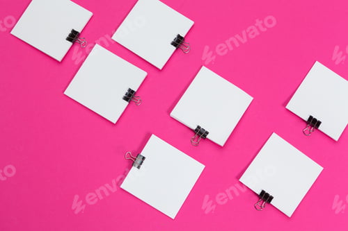 Preview: mock up concept. cards Papers on pink background. Top view, flat lay, copy space