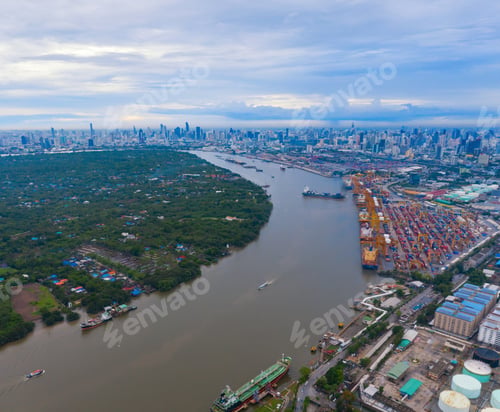Preview: Petrochemical oil refinery in Bangkok City, Thailand. Oil and gas tanks in industry factory.