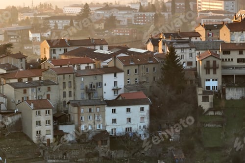 Preview: Aerial view of dense historic center of Thiers town in Puy-de-Dome department, Auvergne-Rhone-Alpes