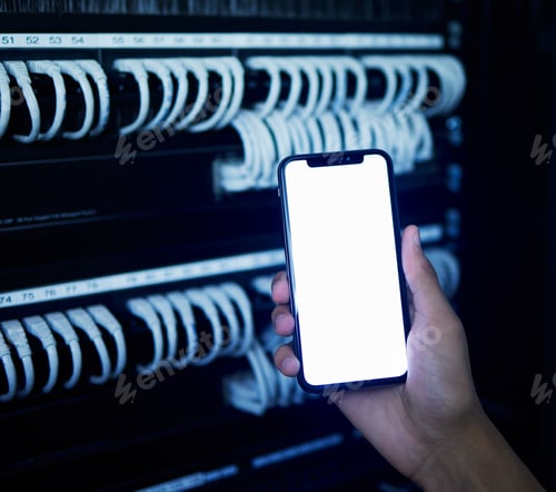 Preview: Phone screen, server room and hands of engineering person for data protection, cyber security and s
