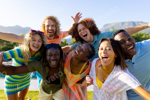 Preview: Portrait of happy diverse group of friends having party, smiling in garden