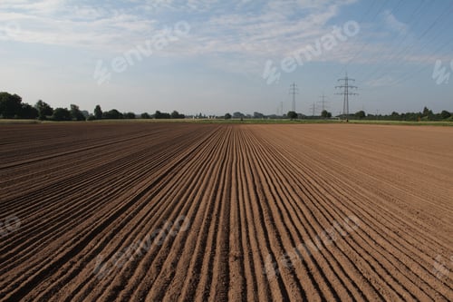 Preview: Closeup of a plowed field, trees and greenery on the background