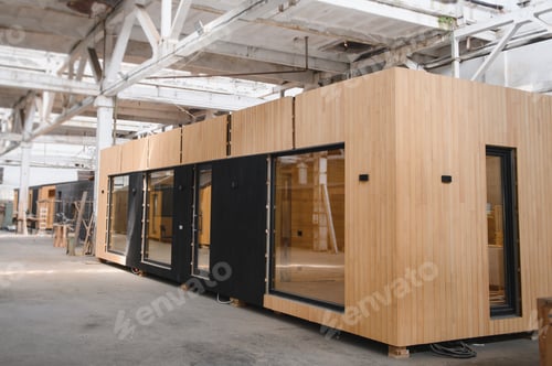 Preview: A new wooden modular prefabricated house inside in manufacturing facility