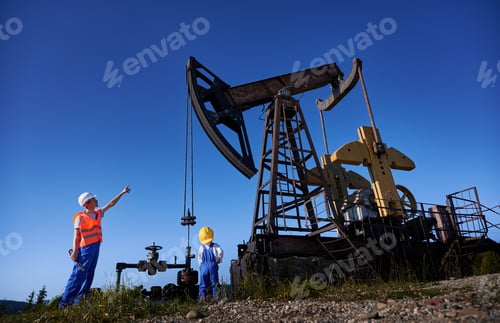Preview: Mechanic showing operation of petroleum rig to small male child.