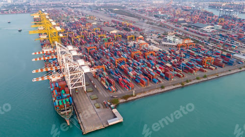 Preview: Shipyard industry shipping seafaring vessel at sunries. Cargo container depot port logistics t