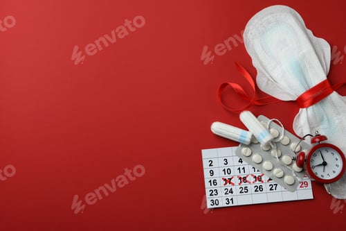 Preview: Concept of menstruation on red background, space for text