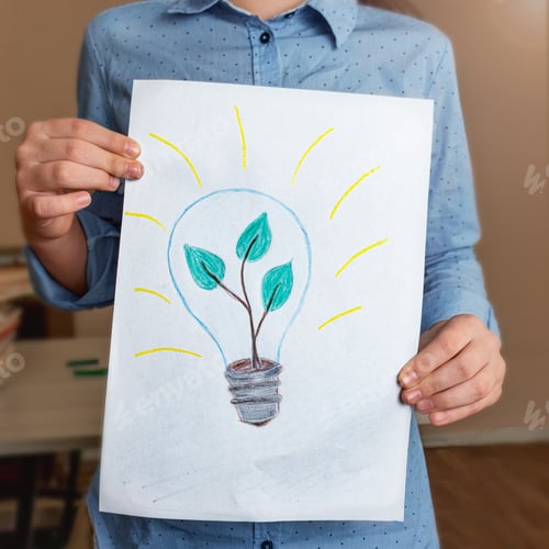 Preview: Child's drawing of a light bulb with a green plant inside. Ecology conservation concept. concept of