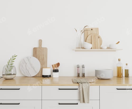 Preview: set of utencils in the kitchen, 3d rendering