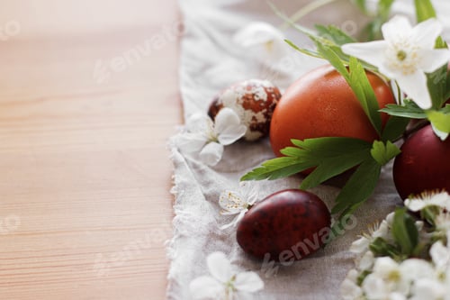 Preview: Modern red easter eggs with spring flowers on rustic linen cloth on wooden table. Happy Easter!