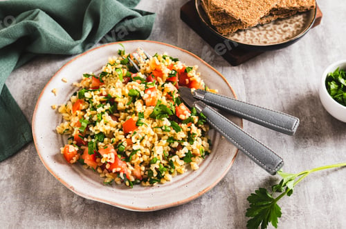 Preview: Traditional vegetarian tabbouleh salad on a plate on the table