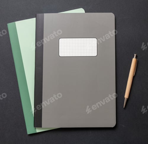 Preview: School notebooks and a wooden pen on black color background, top view.