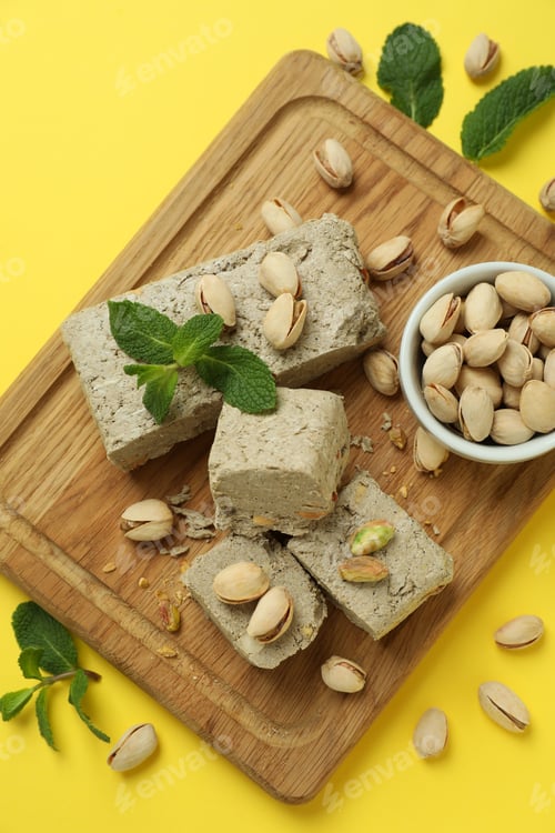 Preview: Concept of tasty food with halva on yellow background