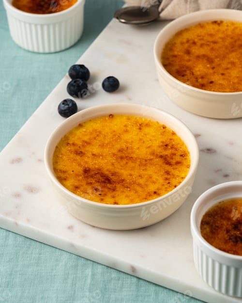 Preview: Creme brulee. Side view of French vanilla cream dessert. Spanish crema catalana, burned cream