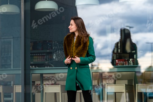 Preview: portrait of an elegantly dressed business woman at a glazed building in a financial district