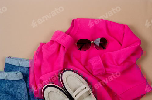 Preview: Pink sweatshirt, Blue jeans, beige suede loafers and sunglasses on white background.