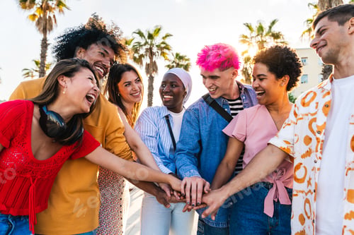 Preview: Multiethnic group of young happy friends hanging out
