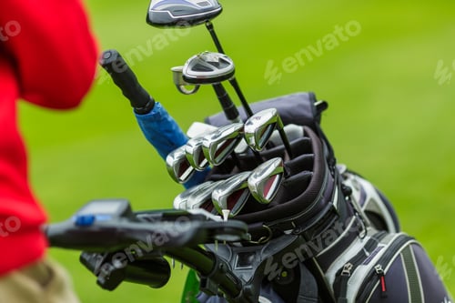 Preview: Set of Golf Clubs in Bag on Green Field Closeup Outdoor Sports Equipment, Game Training, Tournament