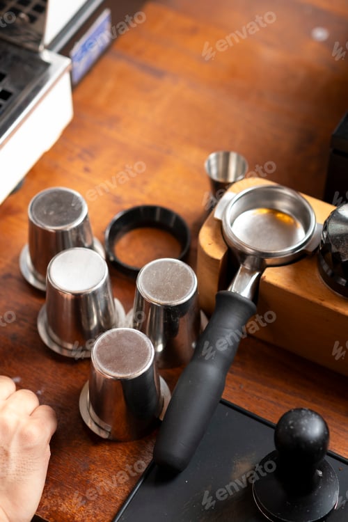 Preview: Espresso Preparation: Coffee Tools Arranged on Wooden Table