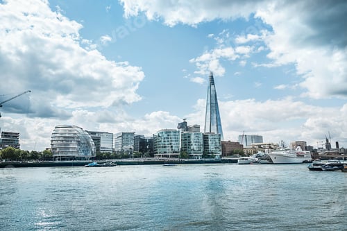Preview: Waterfront cityscape of the Shard and Thames river, London, England, UK