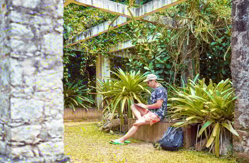 Preview: digital nomad mature man working with his laptop in a tropical park