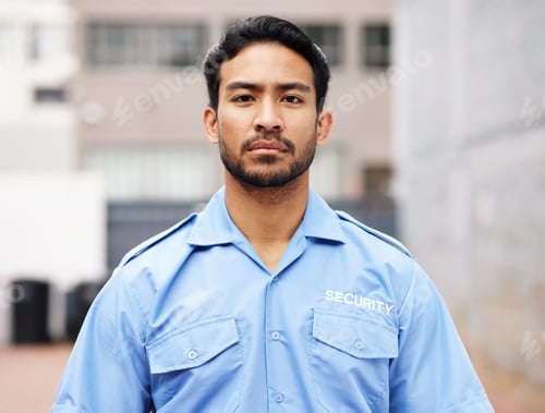Preview: Portrait, man and serious security guard for police service, crime protection and safety in city st