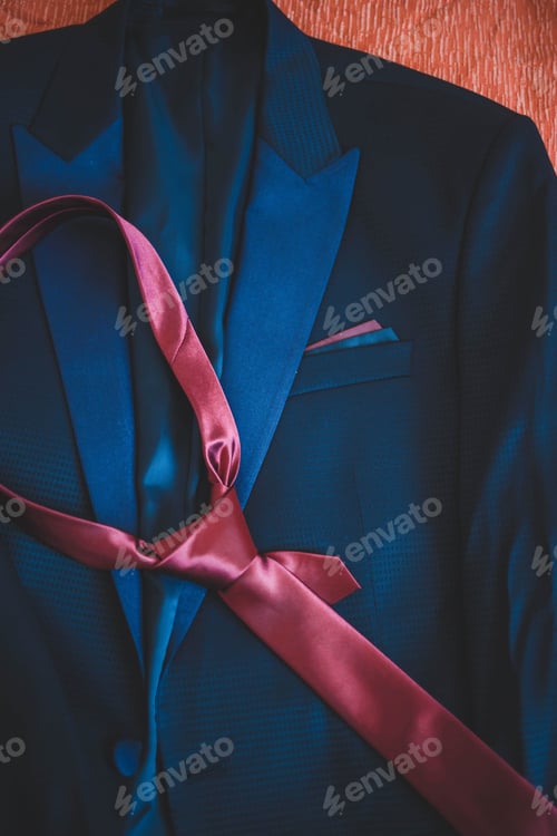 Preview: Vertical shot of a flat lay dark blue suit and a red tie