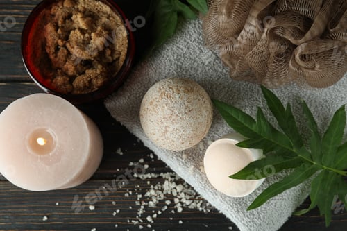 Preview: Body care concept with bath balls on wooden table