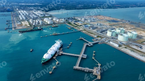 Preview: LNG (Liquified Natural Gas) tanker anchored in Gas terminal gas tanks for storage. Oil Crude Gas