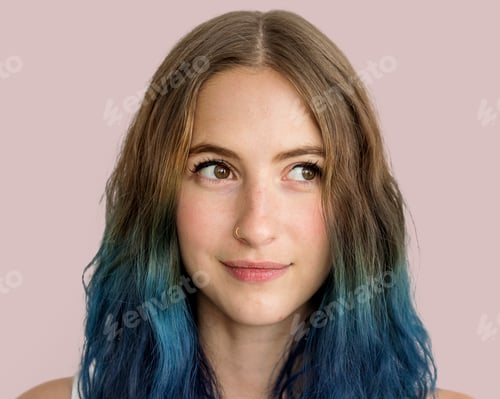 Preview: Stylish young woman, smiling face portrait with blue hair