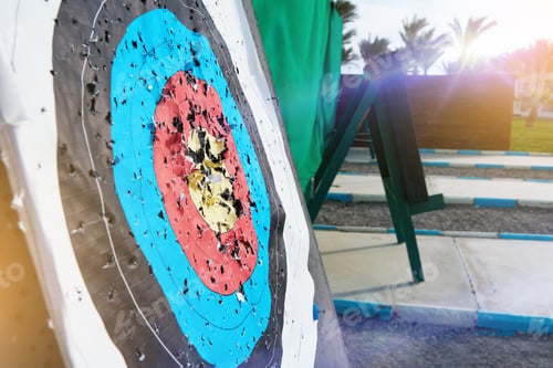 Preview: Archery old target without arrows. Concept of sport, hobby and business. Design element.