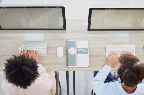 Preview: Telemarketing, contact us or employees in a call center consulting, talking or speaking of financia