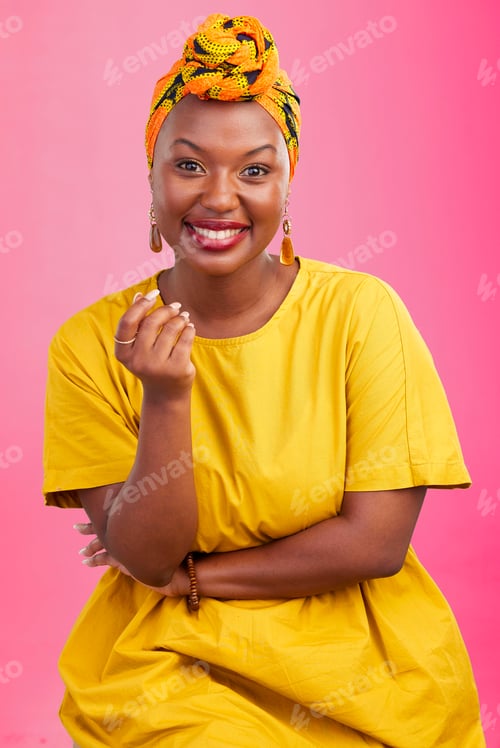 Preview: Fashion, smile and portrait of black woman in a studio with makeup, natural and glamour face. Happy