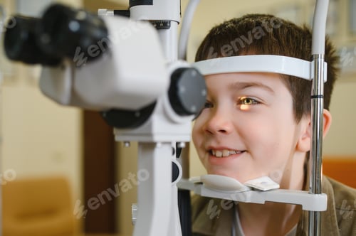 Preview: Child undergoing eyesight examination with slit lamp by ophthalmologist in clinic