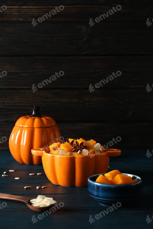 Preview: Concept of Autumn vibe food, Pumpkin porridge, space for text