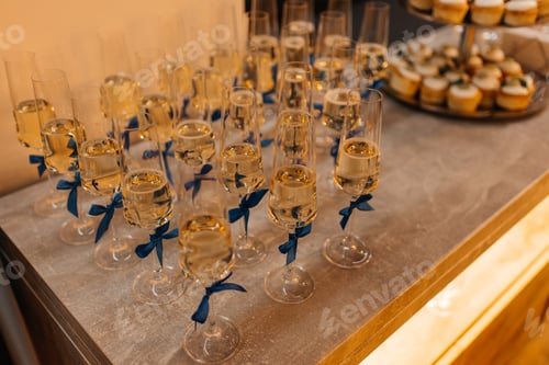 Visualização: taças com champanhe branco na mesa para convidados do evento, serviço de bufê