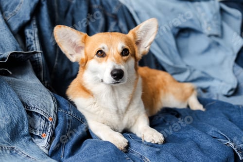 Preview: Welsh corgi pembroke dog relaxing on denim clothes